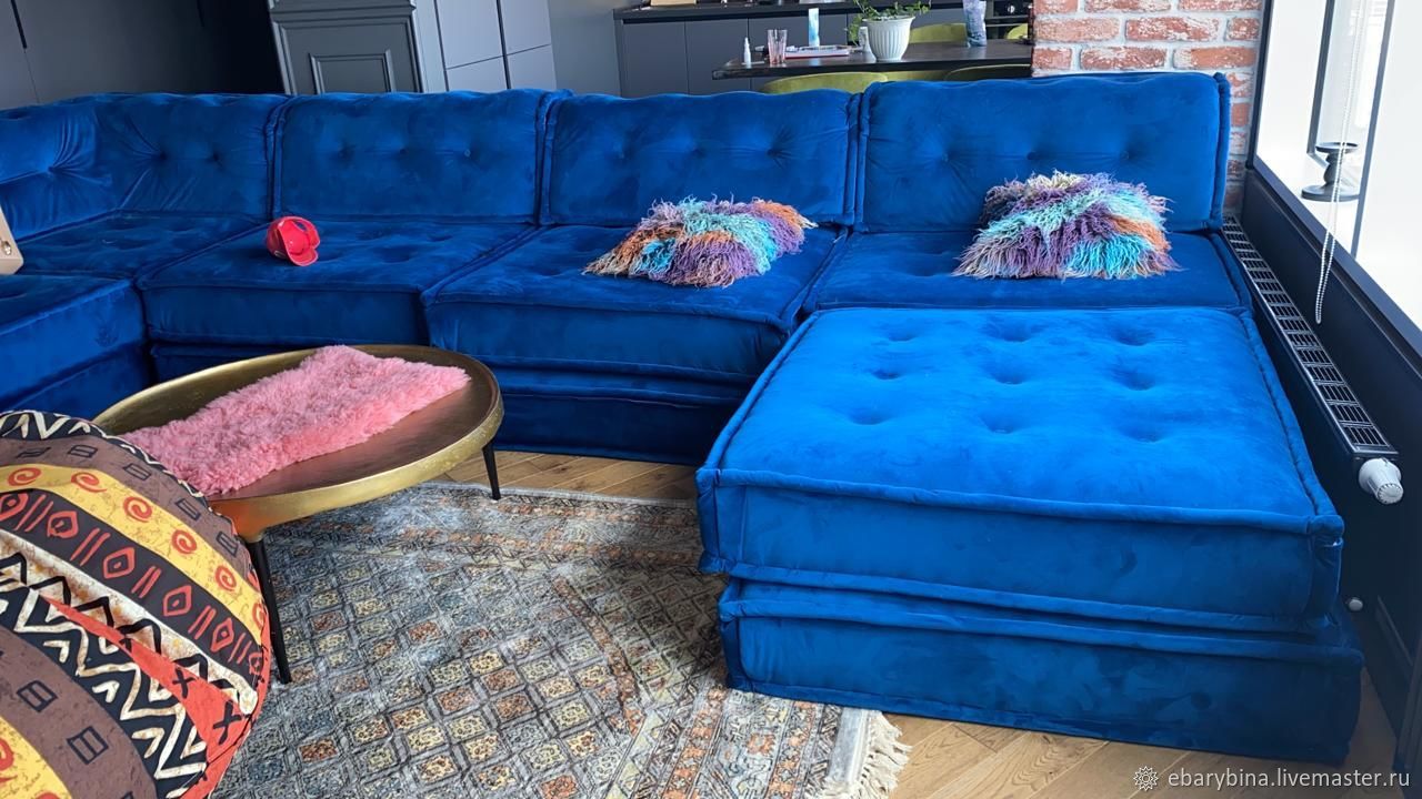 Диван Маджонг в синем велюре