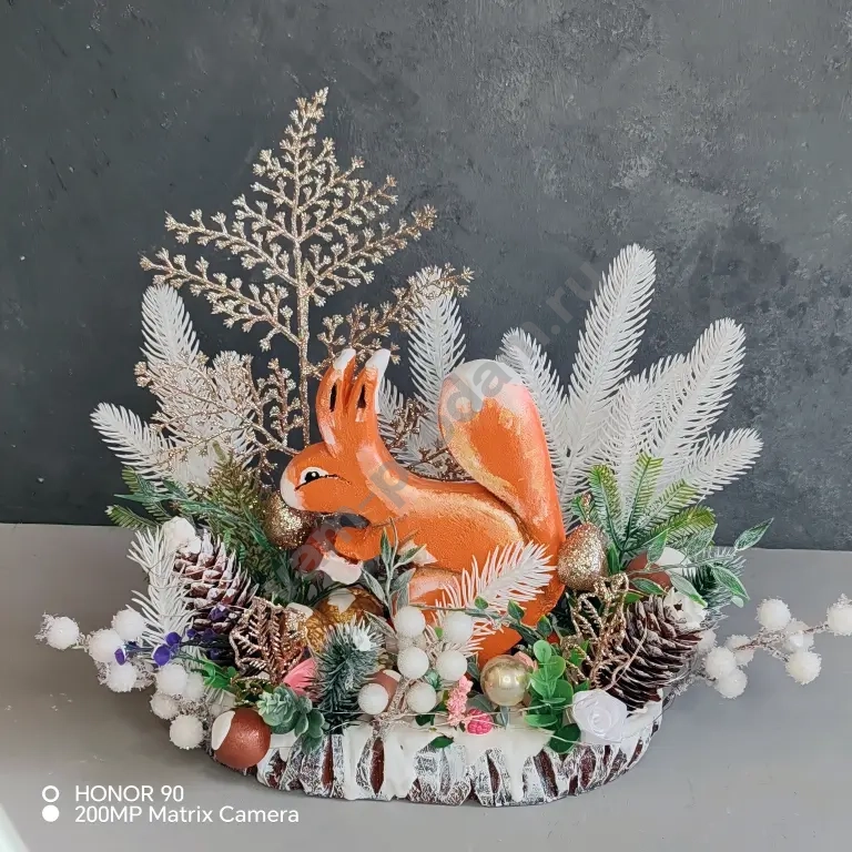 Зимняя конкурсная поделка “Белка в снегу” на спиле дерева | Для садика и школы | Премиум декор